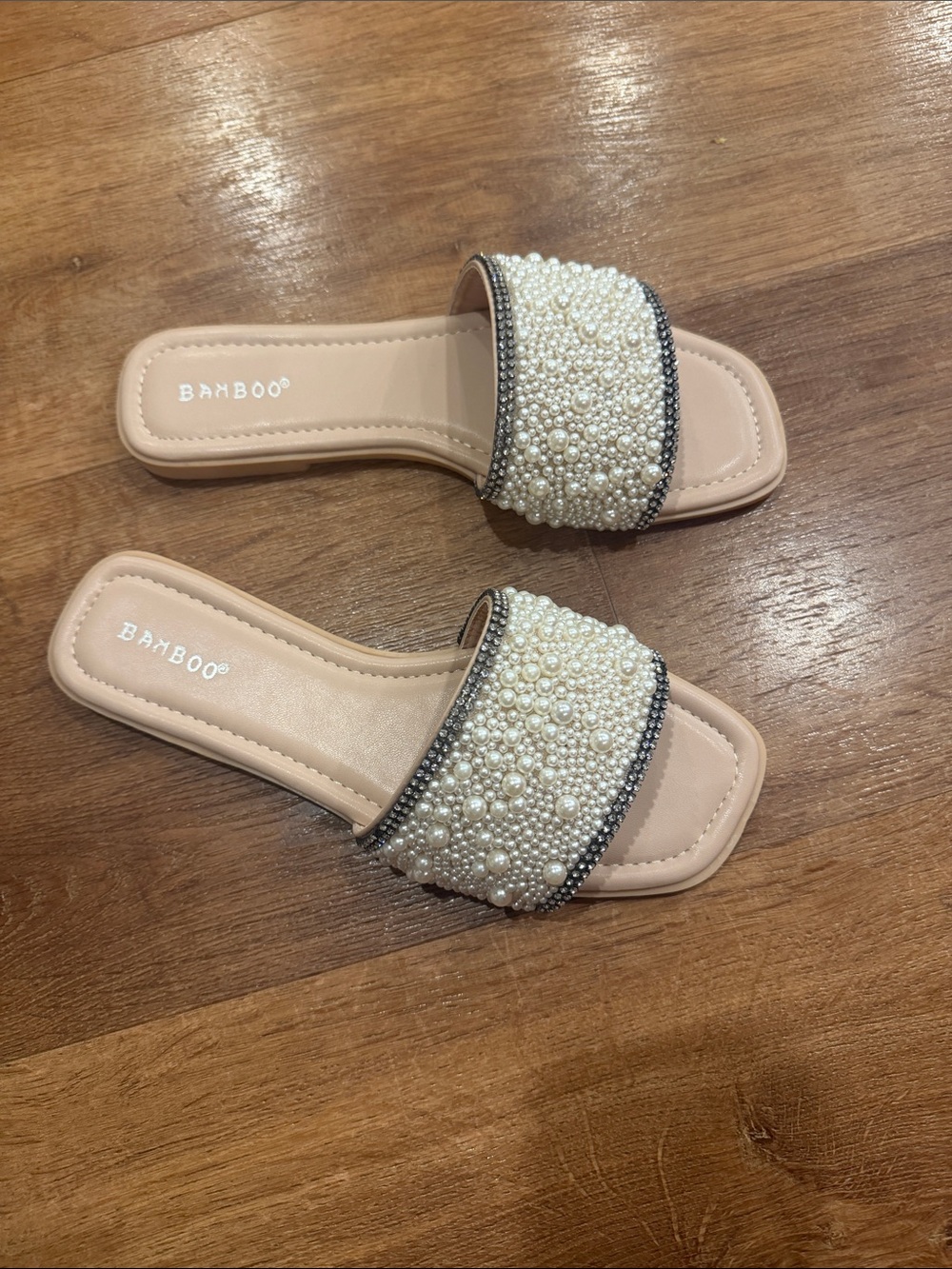 BAMBOO Pearl-Embellished Slide Sandals - Nude Blush